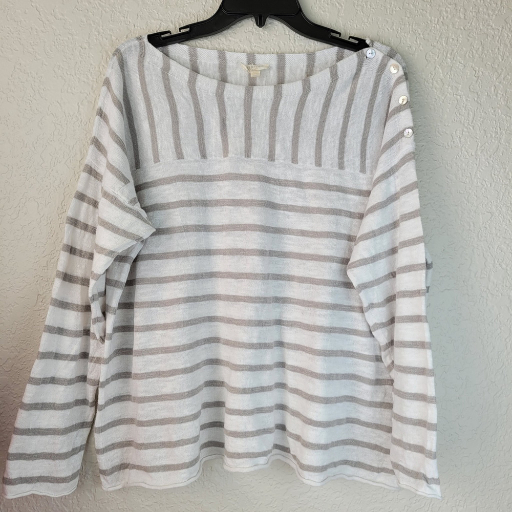 Eileen Fisher Striped Organic Linen Cotton Blend Sweater white Gray NWOT Size 1X